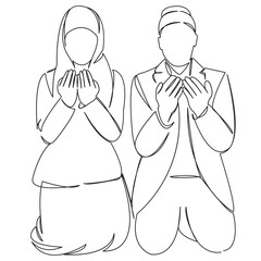 One continuous single drawing line art doodle couple, muslim, love, married, groom, islam, romantic. Isolated flat illustration hand draw contour on a white background
