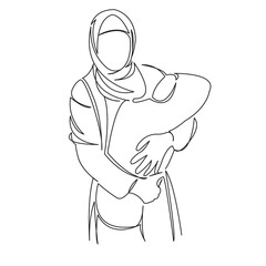 One continuous single drawing line art doodle care, muslim, mother, parent, islam, baby, family, motherhood. Isolated flat illustration hand draw contour on a white background
