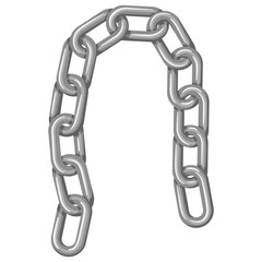 Iron chain concept with interlinked silver metal rings arranged in a U-shape, symbolizing connectivity, unity, strength, and reliability. Ideal for themes of security, protection, resilience