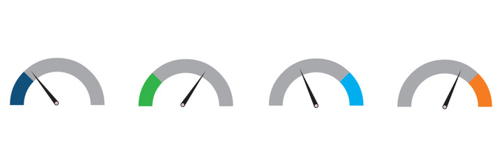 Speedometer icons. Speed indicator. Speedometers icons set. Speed gauge. Risk indicator.