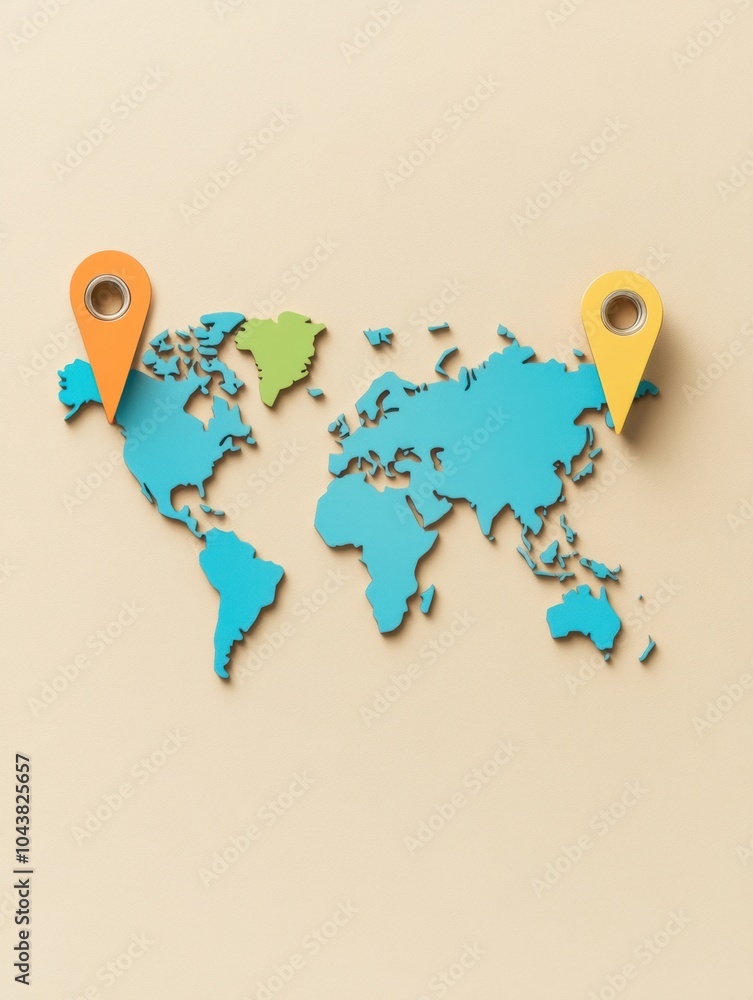 Poster highlighted map pins indicate major travel destinations on a world map outline, inspiring future adv