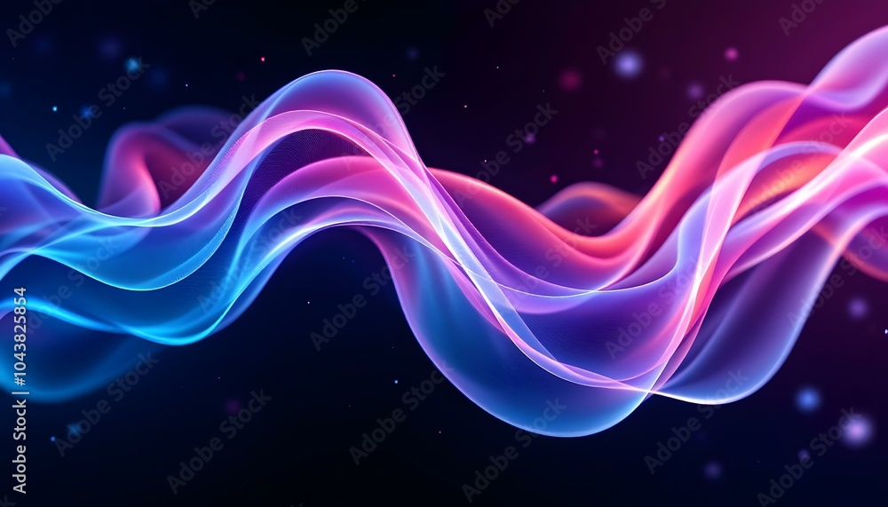 Poster abstract purple color digital particles wave with bokeh and light background. an abstract wave of vi