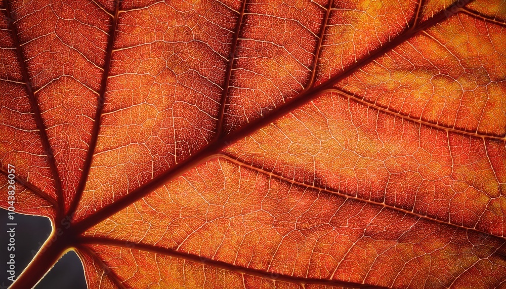 Poster intricate autumn leaf veins in close-up. macro view of the vibrant golden and rust tones, highlighti