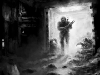 Figure of soldier enters a scary room. Spaceship captured by evil aliens. End of the world and life after nuclear war. Spooky illustration. Horror fiction genre. Coal and noise effect.