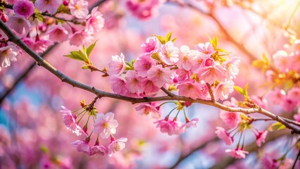 Fototapeta premium Sakura tree branch with pink blossoms in sunlight