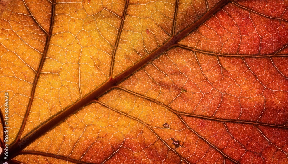 Poster intricate autumn leaf veins in close-up. macro view of the vibrant golden and rust tones, highlighti