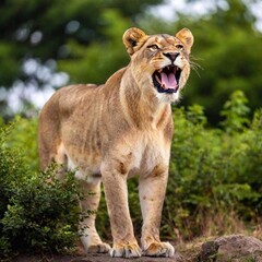 Obraz premium A full shot photo of a lioness in mid-roar, deep focus on its open mouth and intense facial expression, low-angle shot capturing the full body and the dynamic energy of its powerful stance