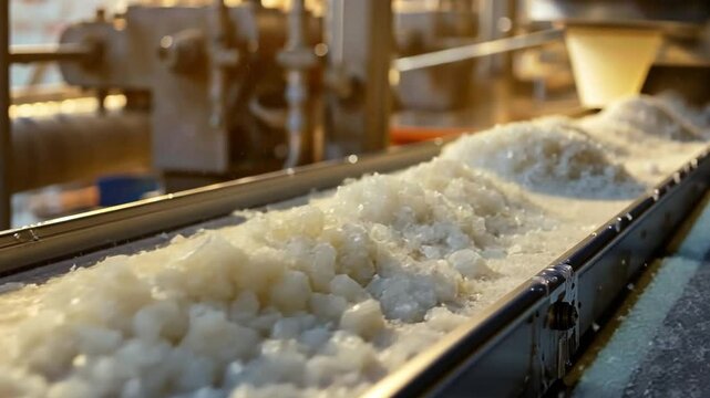 This Sugar is being processed and transported along a conveyor belt in a facility.