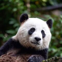 Obraz premium A close-up shot of a sleepy panda's face, with soft focus creating a dreamy, gentle ambiance around its fur and facial features