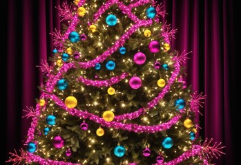 A beautifully blurred Christmas tree decorated with bright, glowing lights, creating a bokeh effect. Bright lights stand out, immersing the stage in a bright, festive atmosphere.