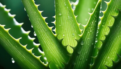 Close-Up of Aloe Vera Leaf with Water Droplets Highlighting Sharp Spines, Natural Texture, and Hydration for Skincare, Healing, and Wellness Concepts in Botanical and Herbal Medicine Photography
