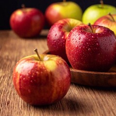 apples with dew drops on its skin, rack focus, showing the apple in crisp detail and the wooden table fading into the background