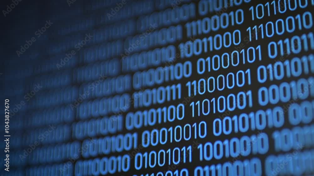 Aufkleber Close up of computer screen with blue 0 and 1 digits moving on black background. Flow of information using binary code, programming, coding concept