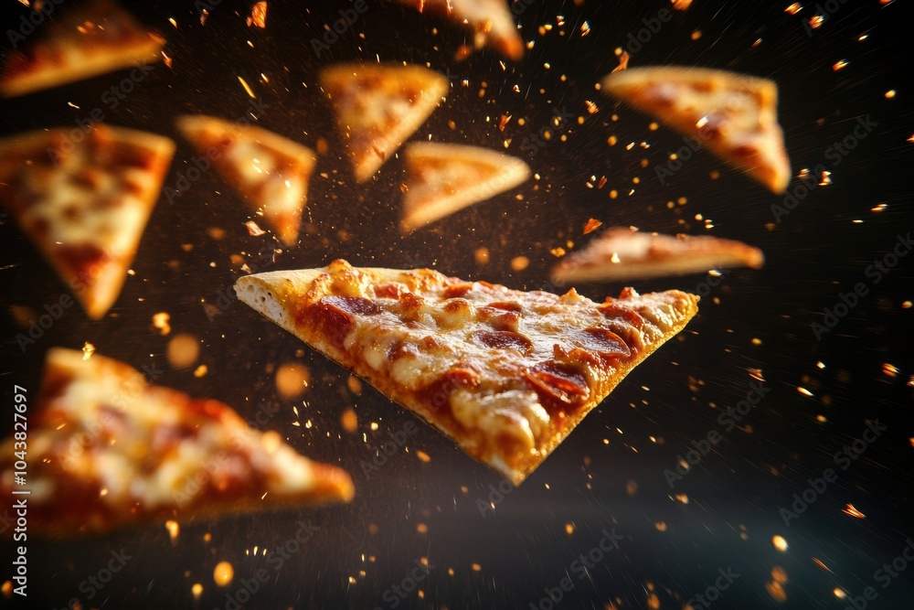 Poster Large slices of pizza fly diagonally across a dark background, creating an energetic atmosphere while leaving room for text. Generative AI