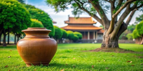 Pottery on grass near tree at temple