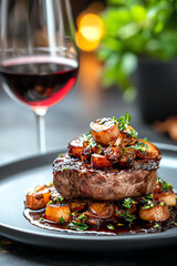 Indulge in a gourmet experience tender steak with sautéed onions and a glass of red wine