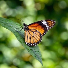 Naklejka premium A close-up photo of a butterfly with dew drops on its wings in the early morning light, deep focus emphasizing the tiny water droplets and the texture of its wing scales, eye-level shot creating an