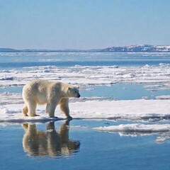A long shot of a polar bear navigating across a melting ice floe, with focus pull transitioning from the bear's detailed fur in the foreground to the expansive, icy environment in the background