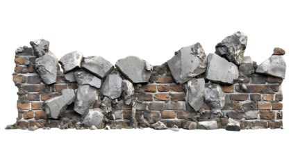 Ruined wall with crumbling bricks and debris, showcasing the effects of time and decay, set against a stark backdrop, symbolizing abandonment and the passage of history.