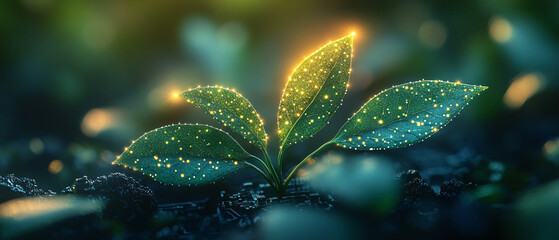 Glowing Plant Leaves Emerging From Darkness  A Symbol of Hope and Renewal, Glowing Plant Leaves Emerging From Darkness  A Symbol of Hope an