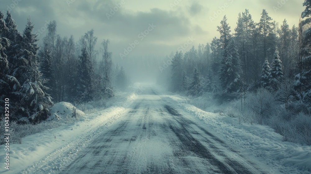 Poster a snowy road with trees in the background