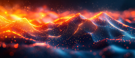 Obraz premium Abstract Orange and Blue Digital Landscape with Glowing Particles, Abstract Orange and Blue Digital Landscape with Glowing Particle