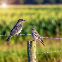 Obraz premium Birds perched on a wire fence in a countryside setting