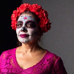 Sugar Skull Portrait, old Latina woman with intricate sugar skull face paint, featuring colorful roses on head,  captured in shallow focus
