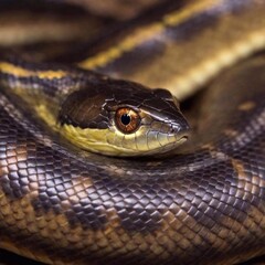 Obraz premium close-up extreme macro of a snake eye, with the pupil and surrounding scales in sharp focus, while the rest of the snake's head and background gradually blur out, creating a sense of intense