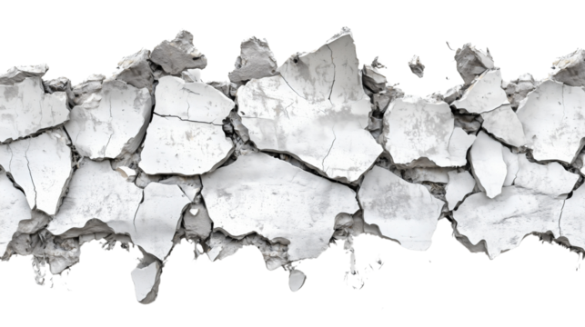 Ruined wall with crumbling bricks and debris, showcasing the effects of time and decay, set against a stark backdrop, symbolizing abandonment and the passage of history.