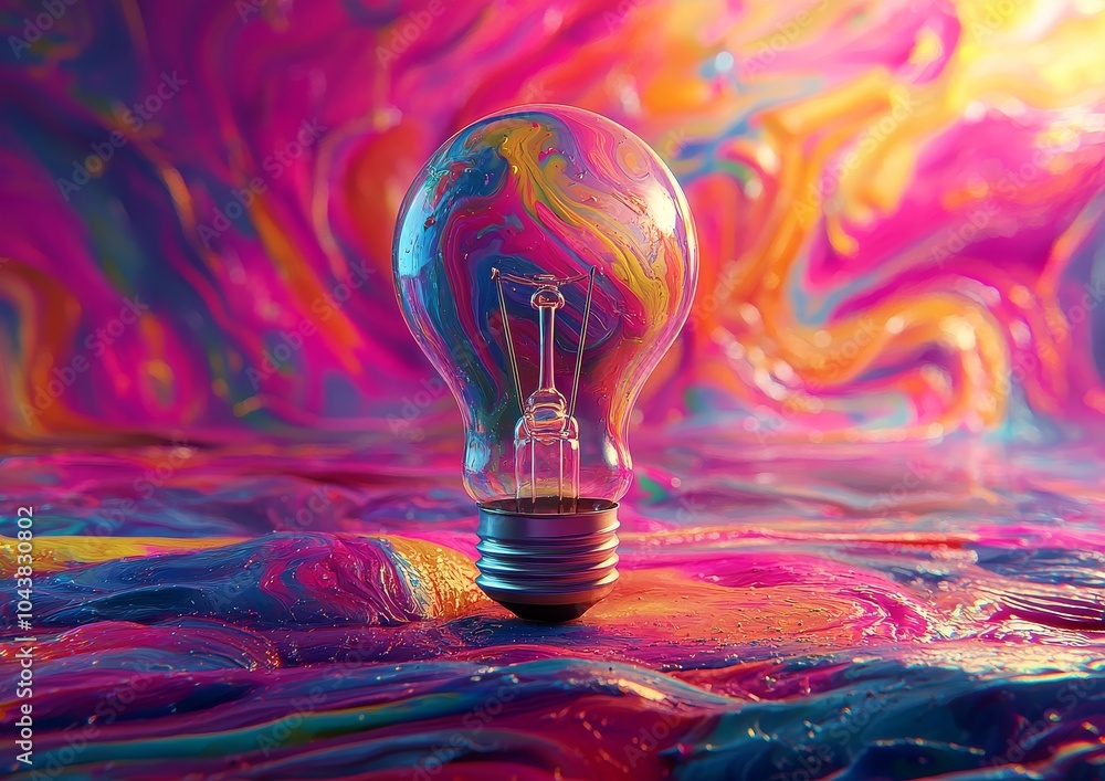 Poster a creative light bulb explodes with color on a black background. think differently, come up with ide
