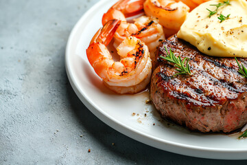 Delicious grilled steak and shrimp platter with creamy mashed potatoes and fresh herbs