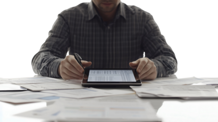 Businessman working at a desk with papers and an iPad, focused on his tasks, showcasing a modern work environment, conveying productivity and efficiency, isolated on a transparent background.