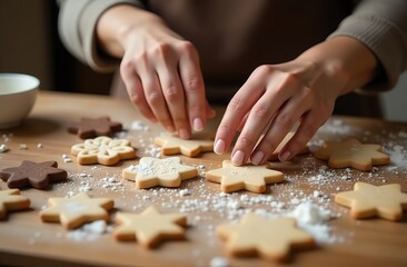 Close-up of woman's hands making cookies from New Year's molds. Against the background of a rustic kitchen. Flickering garlands against the background of the Christmas tree. Cookies in the shape of Ch