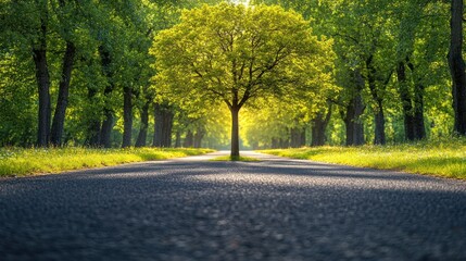 Obraz premium Lush tree at the end of a serene, tree-lined road.