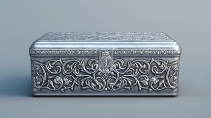 Decorative silver jewelry box with intricate embossed design on a neutral background