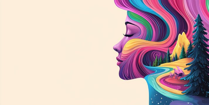 This is a stock illustration of an annual collective mind concept art, featuring exploding minds, inner worlds, dreams, emotions, imagination, and creativity