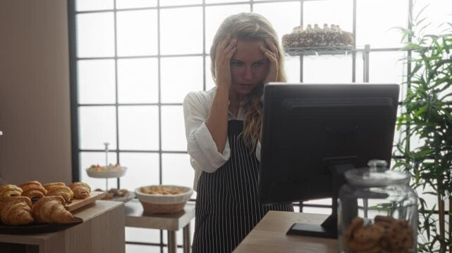 Woman working in a bakery feeling stressed and overwhelmed at the counter with pastries and a computer in the background of an indoor shop setting