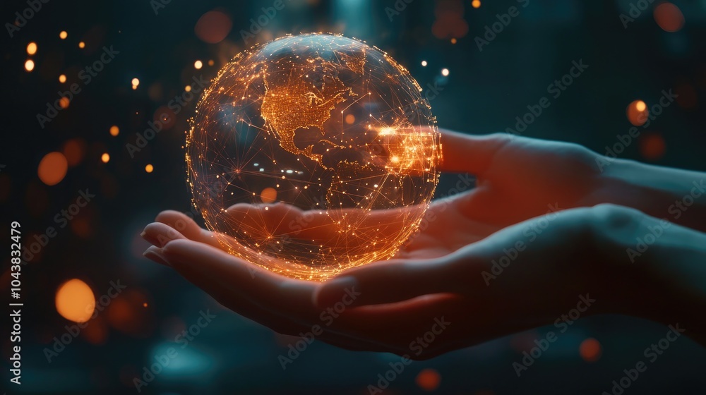 Fototapete a glowing digital sphere rests in a pair of hands, representing the future of global connectivity an