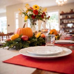 A low-angle shot of a beautifully arranged Thanksgiving dinner table setup, captured in a medium close-up with a rack focus. The photo emphasizes the height and grandeur of the centerpiece and the