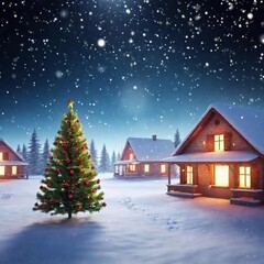 An extreme wide shot of a snowy Christmas village on Christmas Eve, with glowing windows, festive decorations, and gently falling snow, in digital art with shallow focus and eye level shot