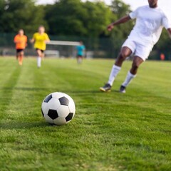 Obraz premium A macro shot of a soccer ball at the moment of being kicked by a female player, with deep focus showing the full soccer field and other players in the background. The players are from diverse ethnic
