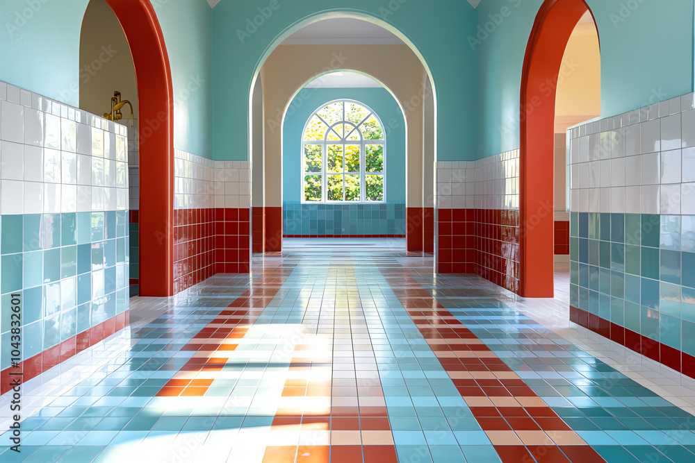 Poster modern architectural design featuring colorful tile patterns and arched doorways in a bright space