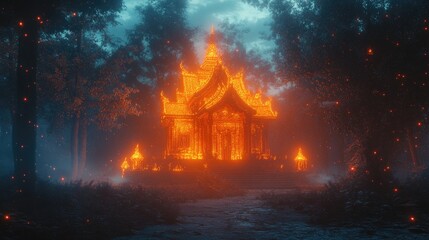 A glowing temple with ancient design, bathed in bright orange lights, sits amid a dark, mist-filled forest, evoking a blend of tradition and modernity.