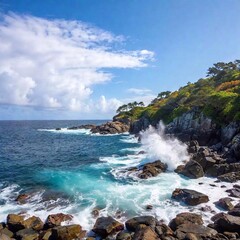 Obraz premium Wide Vector of Waves Crashing on a Rocky Shore: A wide shot vector of powerful waves crashing against a rugged rocky shore, with soft focus blurring the distant horizon for a dramatic effect