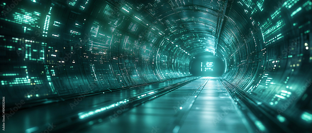 Poster futuristic green tunnel with glowing digital code pattern