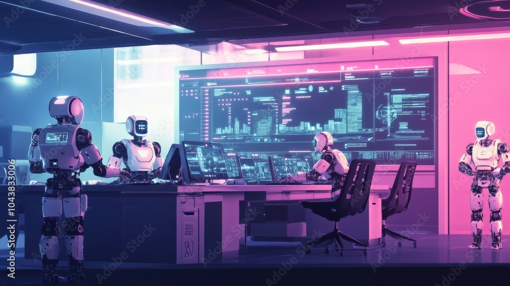 Aufkleber a group of robots collaborating in an ultra-modern office space, working on digital graphics of smar