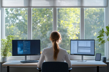 Woman sitting at desk with dual monitors, performing work tasks. Natural light from window. Indoor setting with plants