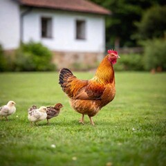 Fototapeta premium A family of chickens, with shallow focus capturing a hen and her chicks in the foreground, while the coop and other chickens in the background are gently blurre