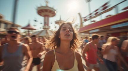 A vibrant crowd at a fair, with colorful amusement park structures in the background